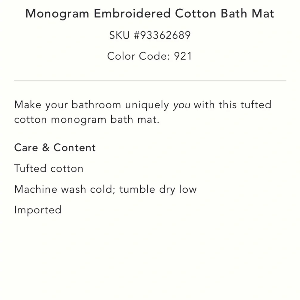 Anthropologie Monogram Embroidered Cotton Bath Mat -‎ White with Green Accents